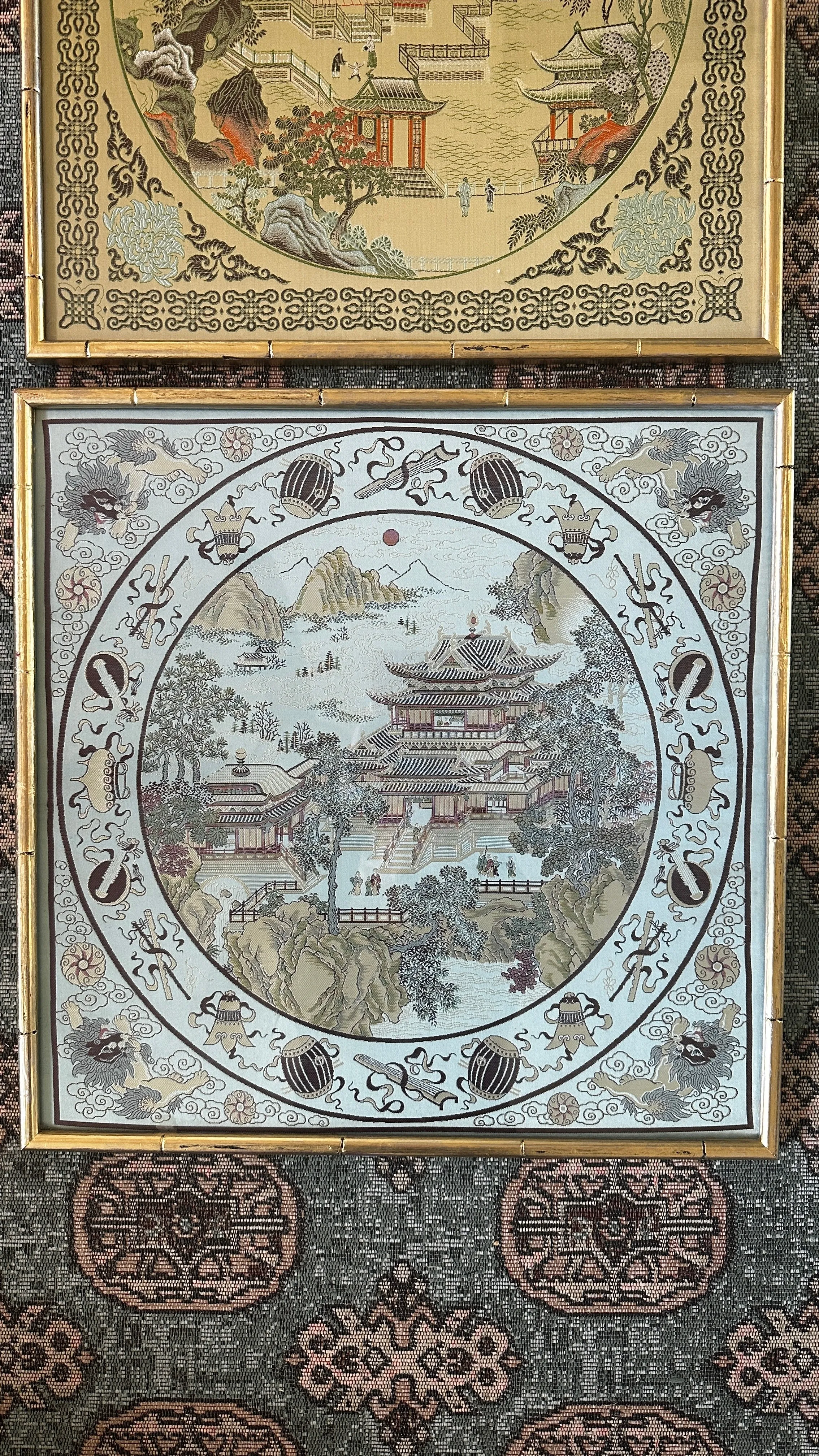 Vintage Asian Silk Art Bamboo Frame - Blue and Green Each Sold Separately