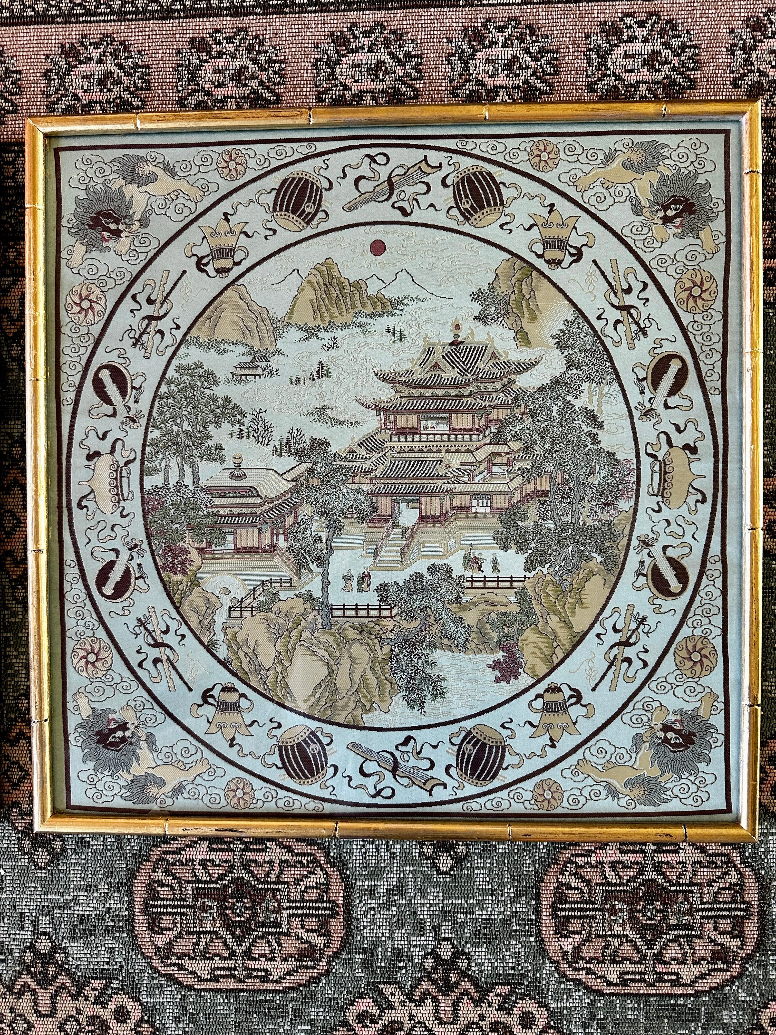 Vintage Asian Silk Art Bamboo Frame - Blue and Green Each Sold Separately