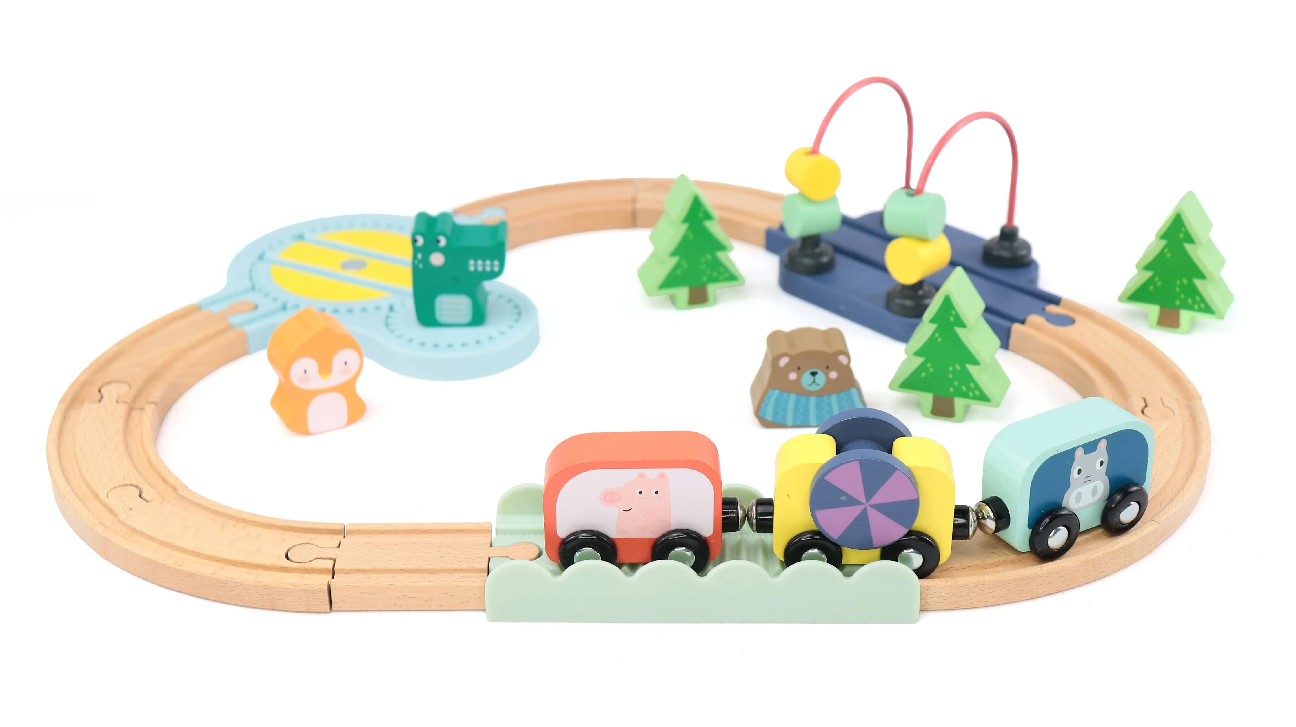 Wooden Railway Jungle 22-Piece Animal Set, Train Cars