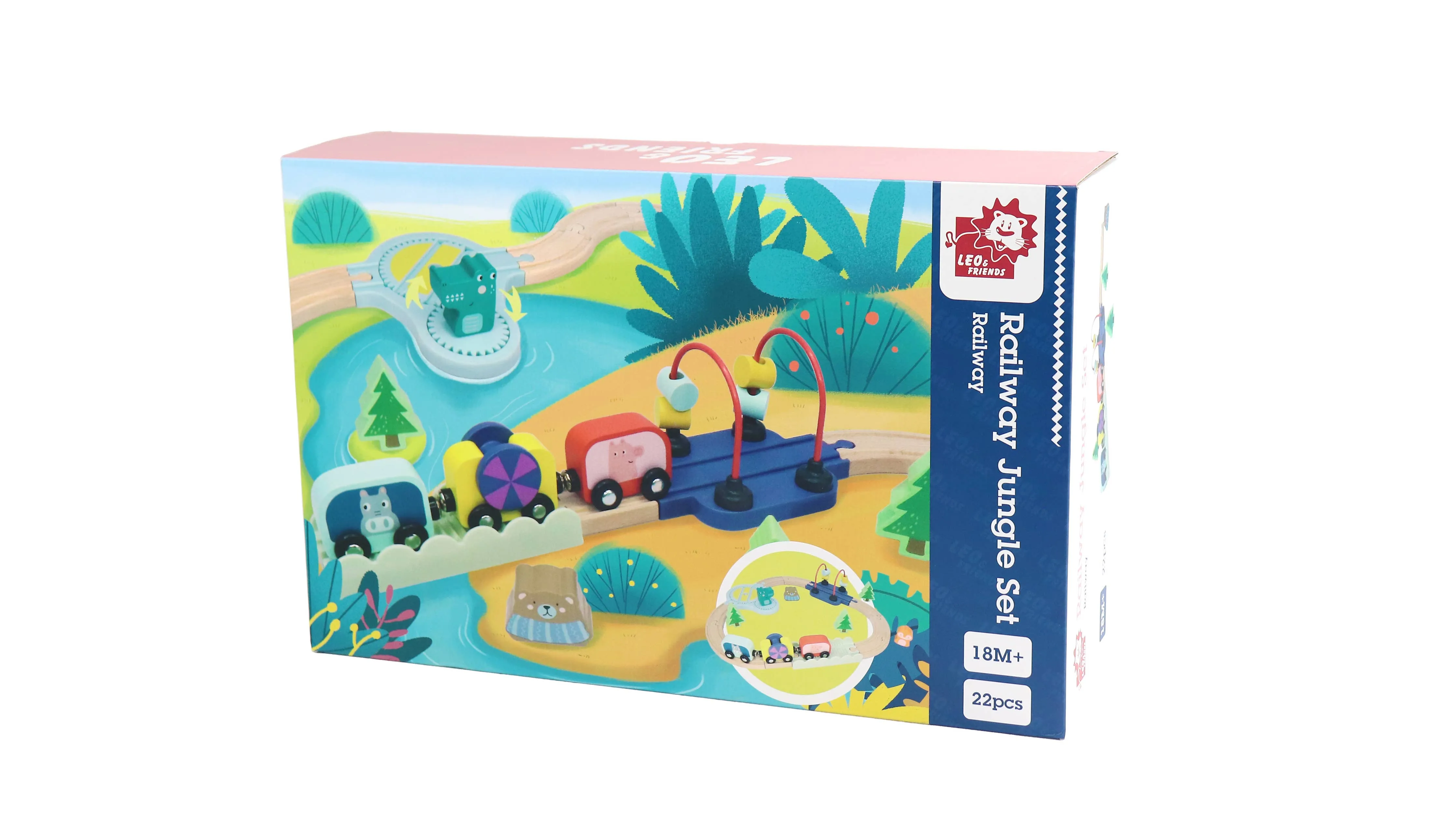 Wooden Railway Jungle 22-Piece Animal Set, Train Cars